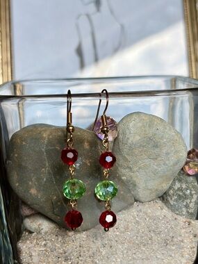 Handcrafted Gold-Tone Earrings with Red and Green Faceted Beads